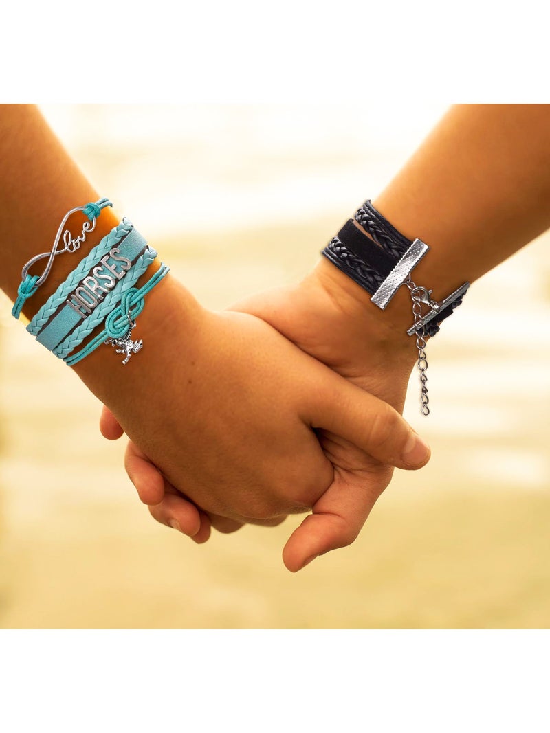 MTLEE 2 Pcs Christmas Horse Lover Gifts for Women Horse Bracelets Bangle Gifts Handmade Leather Love Charm Xmas Birthday Party Gift Stocking Stuffer for Friends Mom(Black and Blue) - Image 2